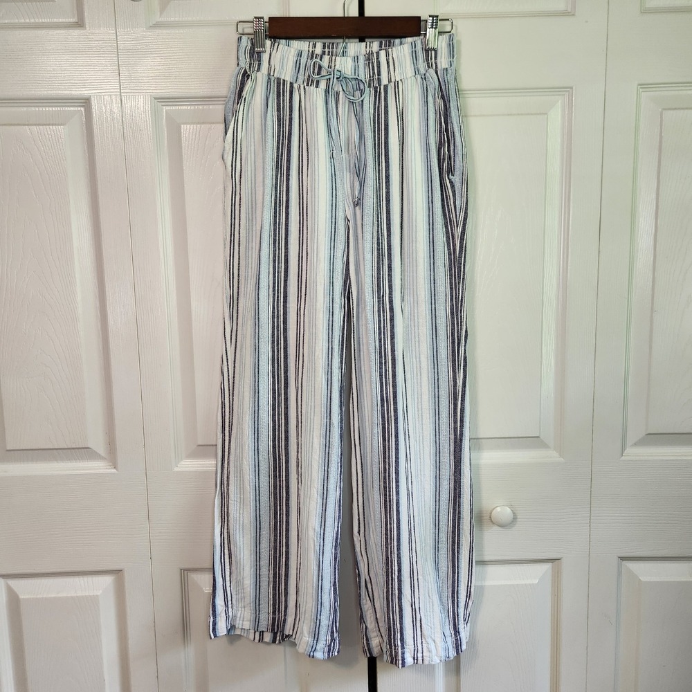 Briggs Womens Small Blue White Striped Linen Blend Wide Leg Drawstring Pants